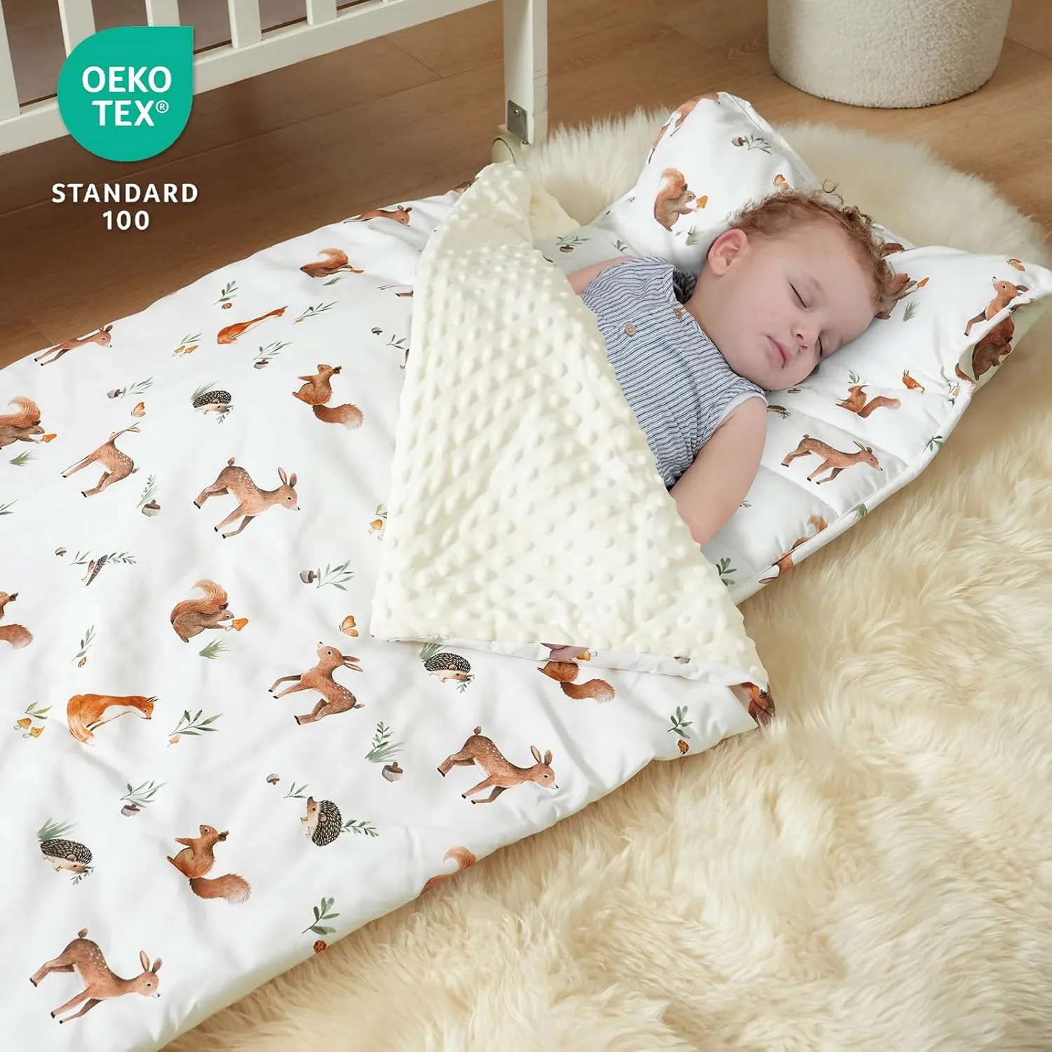 david's kids Toddler Nap Mat with Pillow and Minky Fleece Blanket, Ultra Soft Slumber Bags for Kids, Perfect for Preschool, Daycare, Kids Sleeping Bags with Rollup Design, 50"x20", Woodland Animals