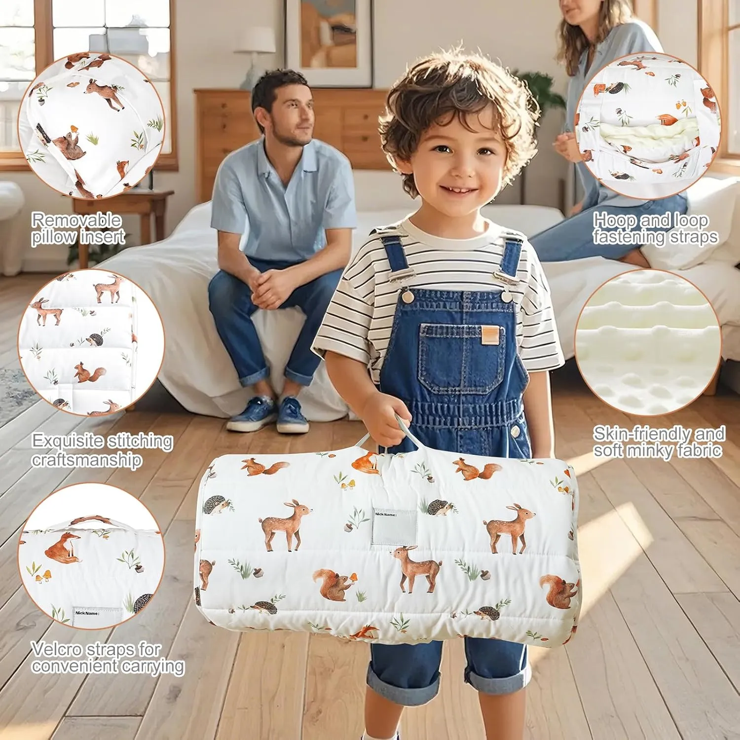 david's kids Toddler Nap Mat with Pillow and Minky Fleece Blanket, Ultra Soft Slumber Bags for Kids, Perfect for Preschool, Daycare, Kids Sleeping Bags with Rollup Design, 50"x20", Woodland Animals