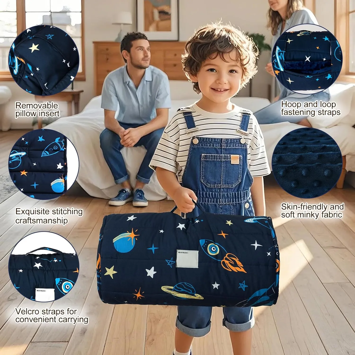 david's kids Toddler Nap Mat with Removable Pillow and Minky Fleece Blanket, Ultra Soft Slumber Bags for Boys, Perfect for Preschool, Daycare, Kids Sleeping Bags with Rollup Design, 50"x20", Space