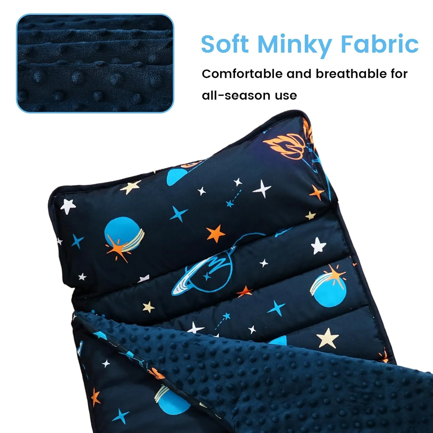 david's kids Toddler Nap Mat with Removable Pillow and Minky Fleece Blanket, Ultra Soft Slumber Bags for Boys, Perfect for Preschool, Daycare, Kids Sleeping Bags with Rollup Design, 50"x20", Space
