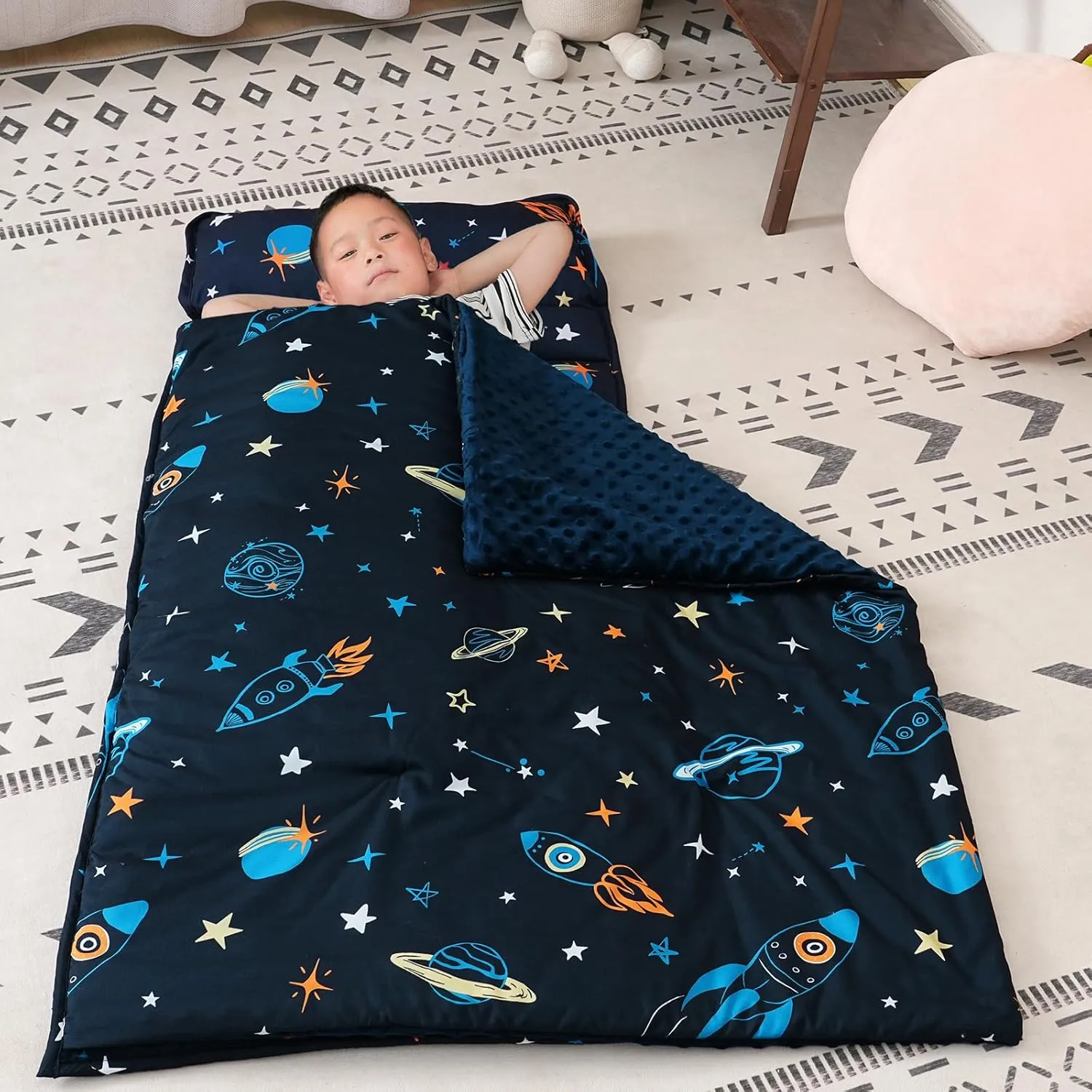david's kids Toddler Nap Mat with Removable Pillow and Minky Fleece Blanket, Ultra Soft Slumber Bags for Boys, Perfect for Preschool, Daycare, Kids Sleeping Bags with Rollup Design, 50"x20", Space