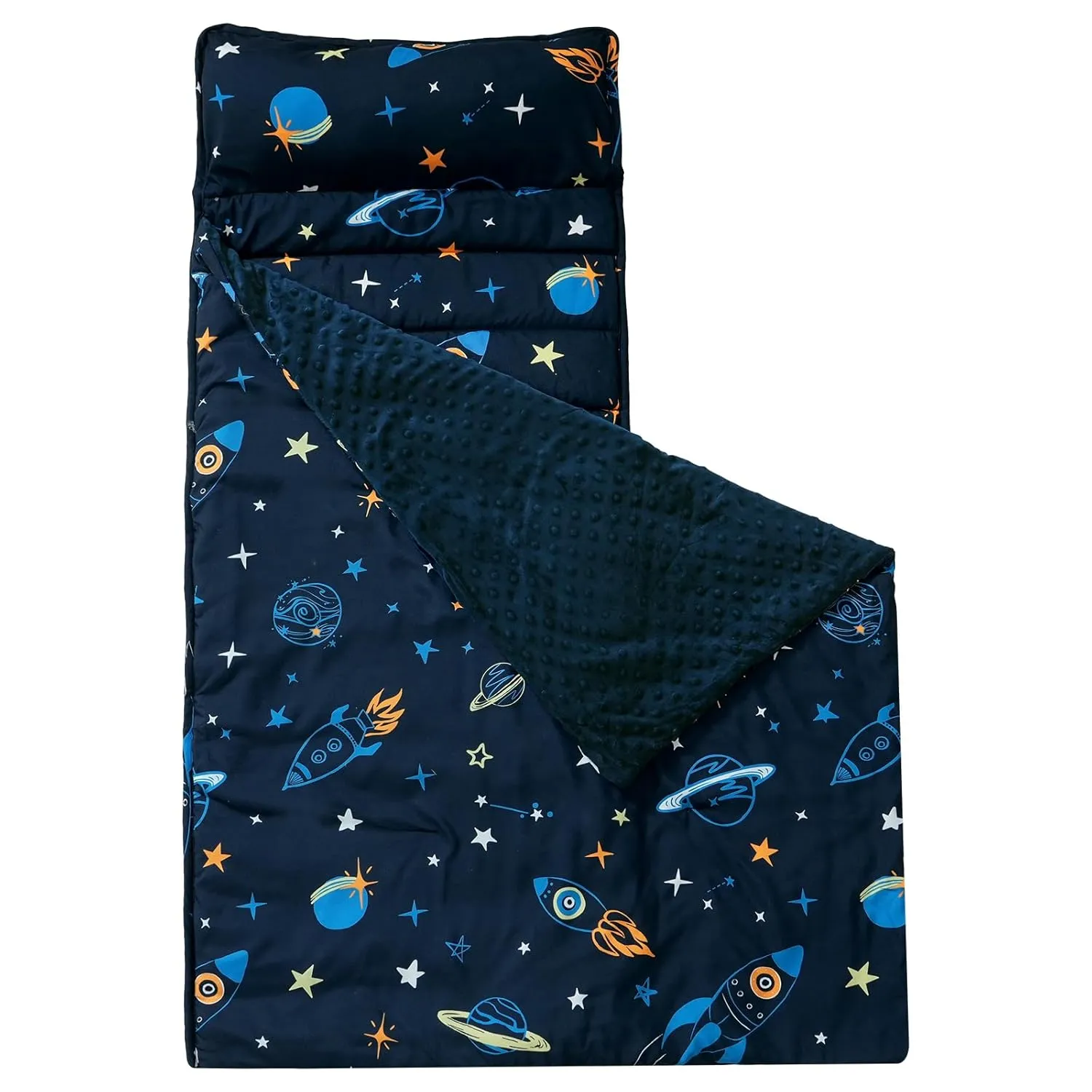 david's kids Toddler Nap Mat with Removable Pillow and Minky Fleece Blanket, Ultra Soft Slumber Bags for Boys, Perfect for Preschool, Daycare, Kids Sleeping Bags with Rollup Design, 50"x20", Space