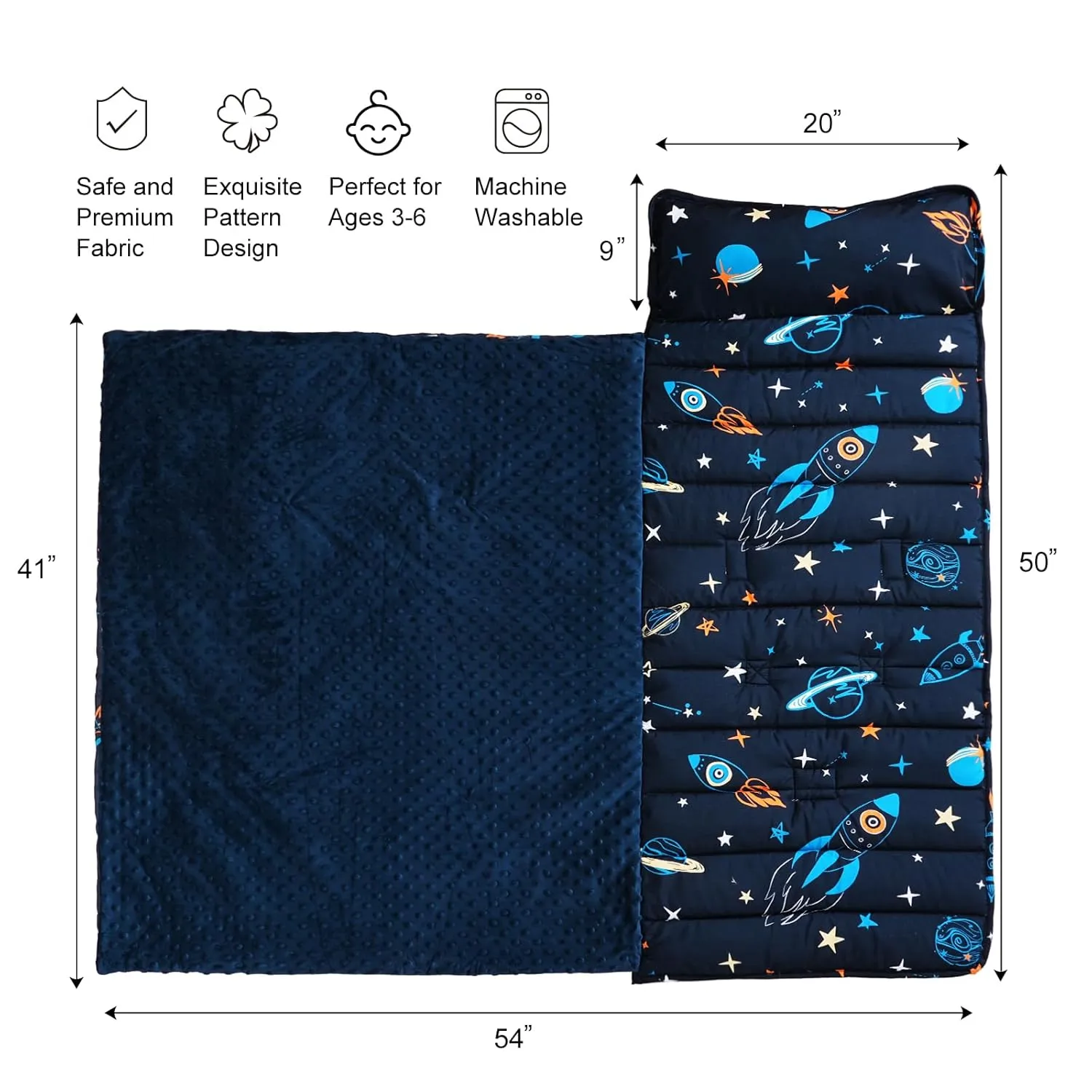 david's kids Toddler Nap Mat with Removable Pillow and Minky Fleece Blanket, Ultra Soft Slumber Bags for Boys, Perfect for Preschool, Daycare, Kids Sleeping Bags with Rollup Design, 50"x20", Space