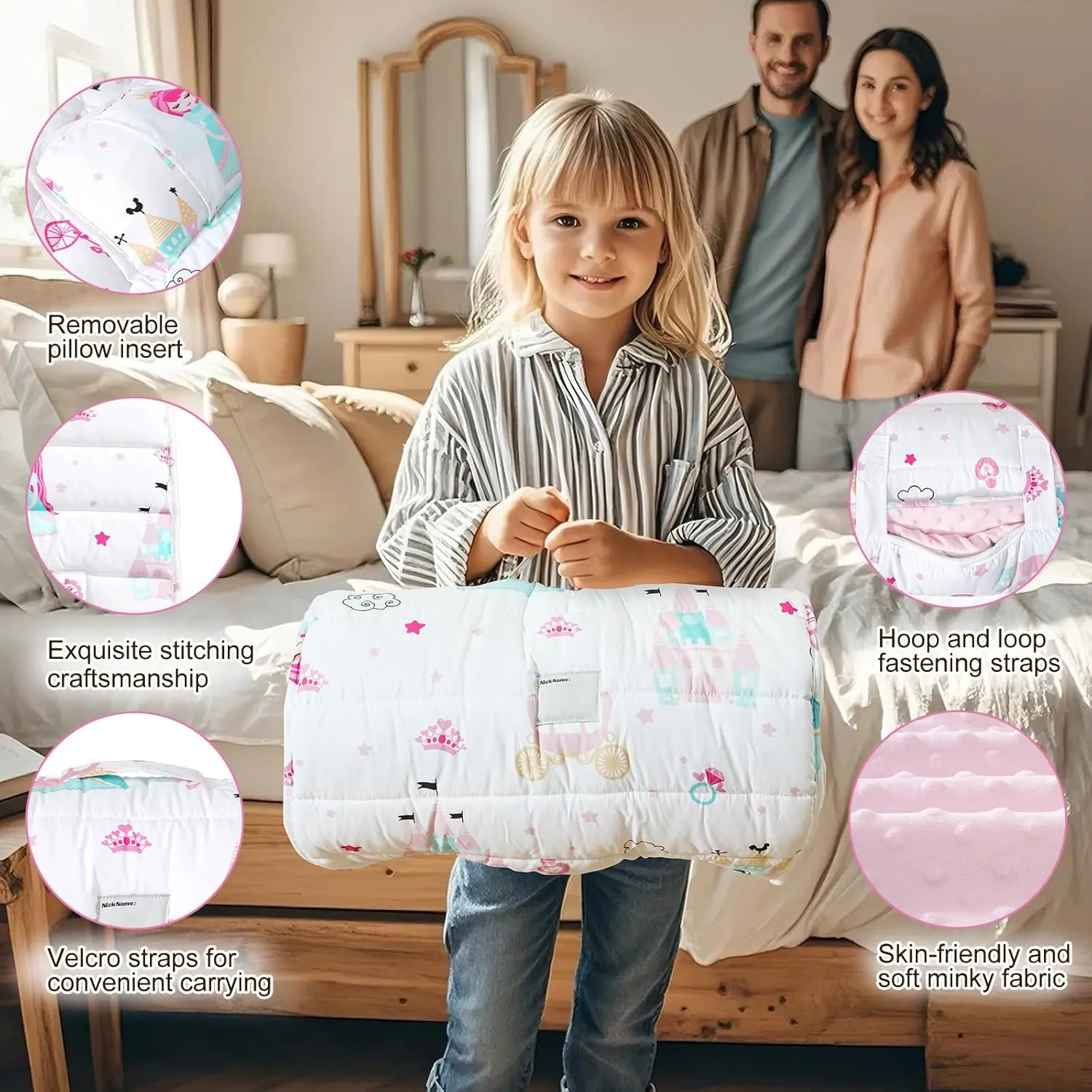 david's kids Toddler Nap Mat with Removable Pillow and Minky Fleece Blanket, Ultra Soft Slumber Bags for Girls, Perfect for Preschool, Daycare, Kids Sleeping Bags with Rollup Design, 50"x20", Princess