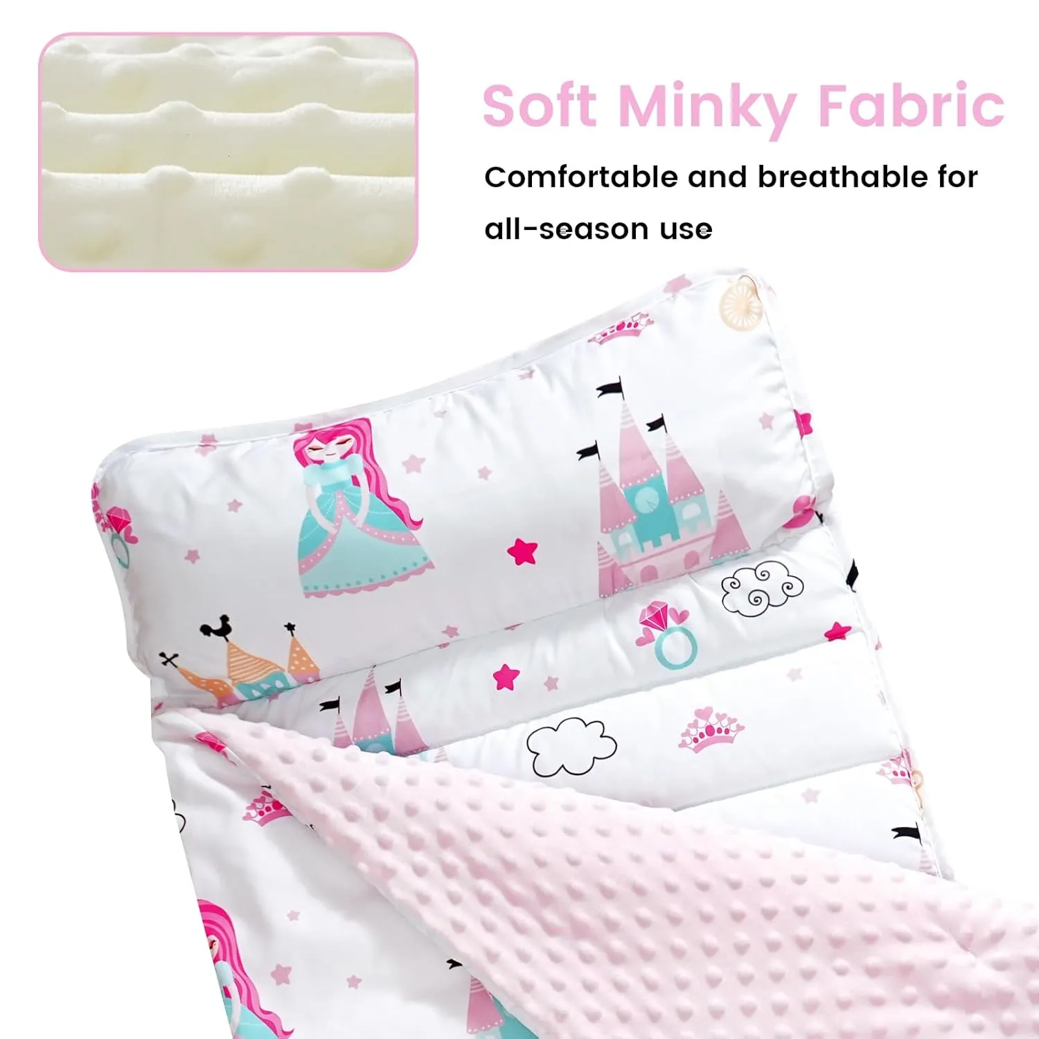 david's kids Toddler Nap Mat with Removable Pillow and Minky Fleece Blanket, Ultra Soft Slumber Bags for Girls, Perfect for Preschool, Daycare, Kids Sleeping Bags with Rollup Design, 50"x20", Princess