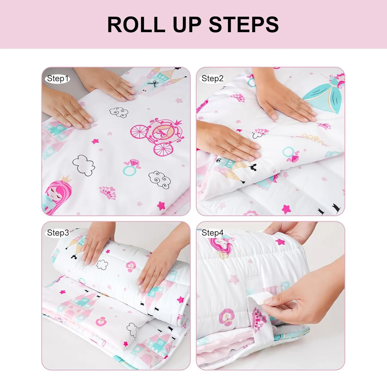 david's kids Toddler Nap Mat with Removable Pillow and Minky Fleece Blanket, Ultra Soft Slumber Bags for Girls, Perfect for Preschool, Daycare, Kids Sleeping Bags with Rollup Design, 50"x20", Princess