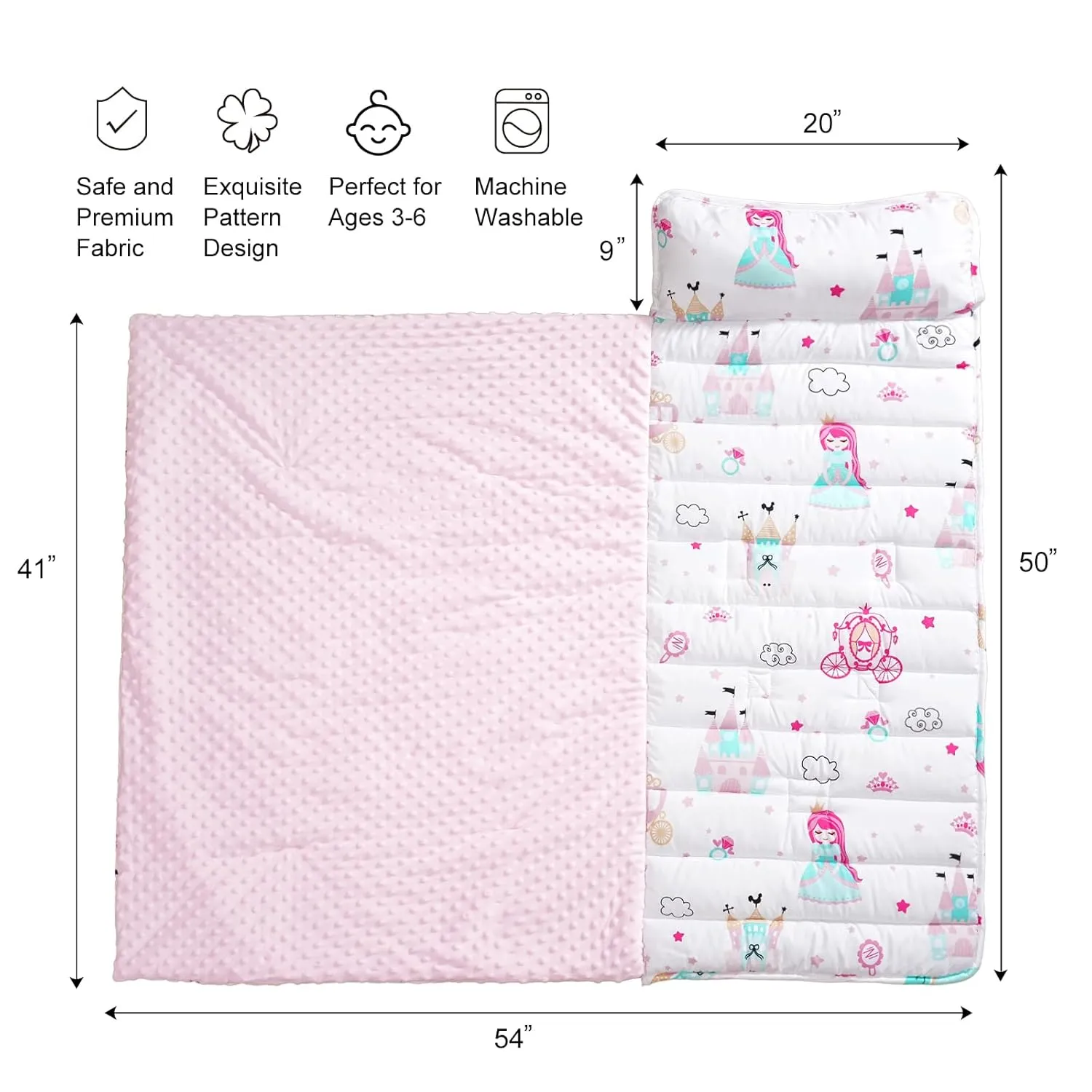 david's kids Toddler Nap Mat with Removable Pillow and Minky Fleece Blanket, Ultra Soft Slumber Bags for Girls, Perfect for Preschool, Daycare, Kids Sleeping Bags with Rollup Design, 50"x20", Princess