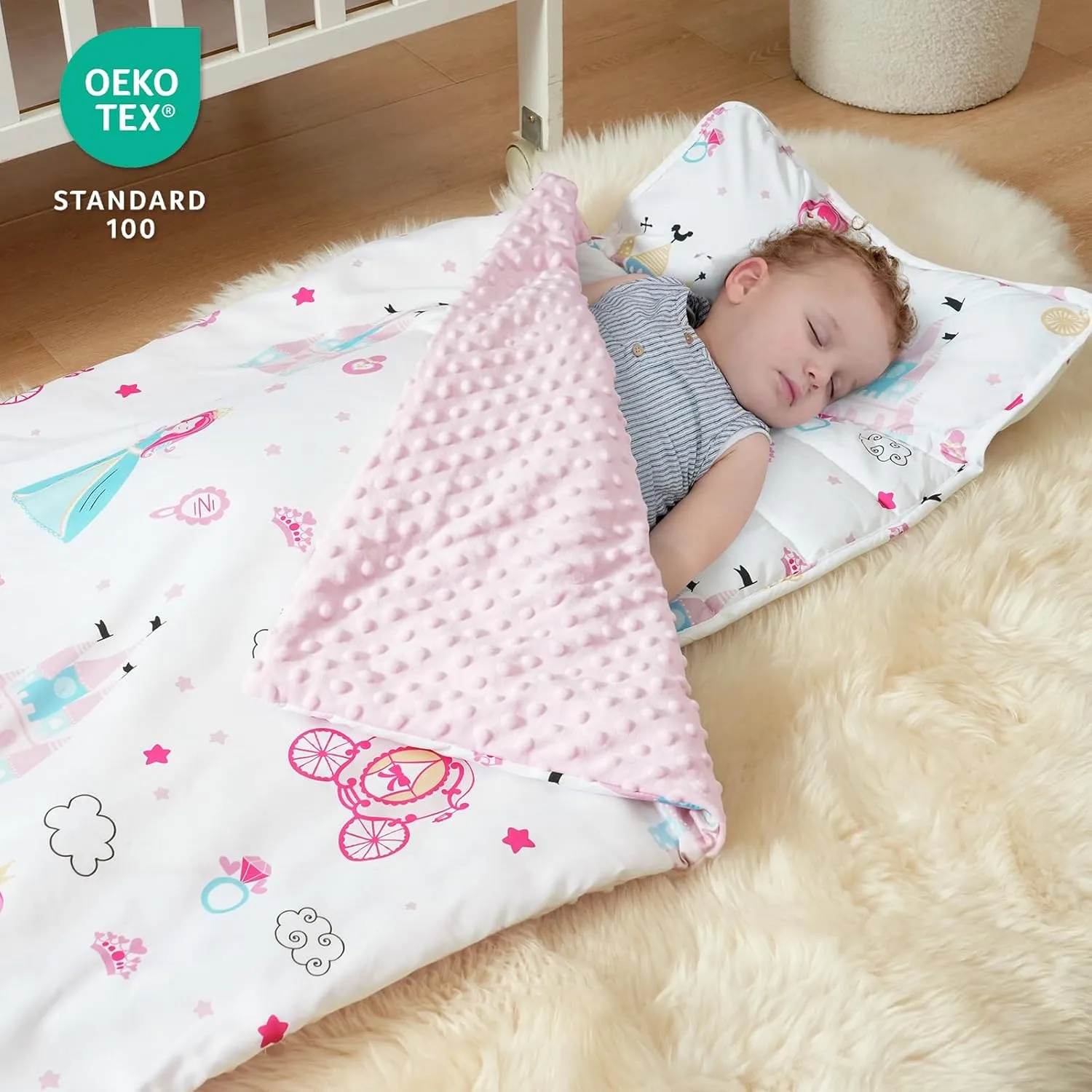 david's kids Toddler Nap Mat with Removable Pillow and Minky Fleece Blanket, Ultra Soft Slumber Bags for Girls, Perfect for Preschool, Daycare, Kids Sleeping Bags with Rollup Design, 50"x20", Princess