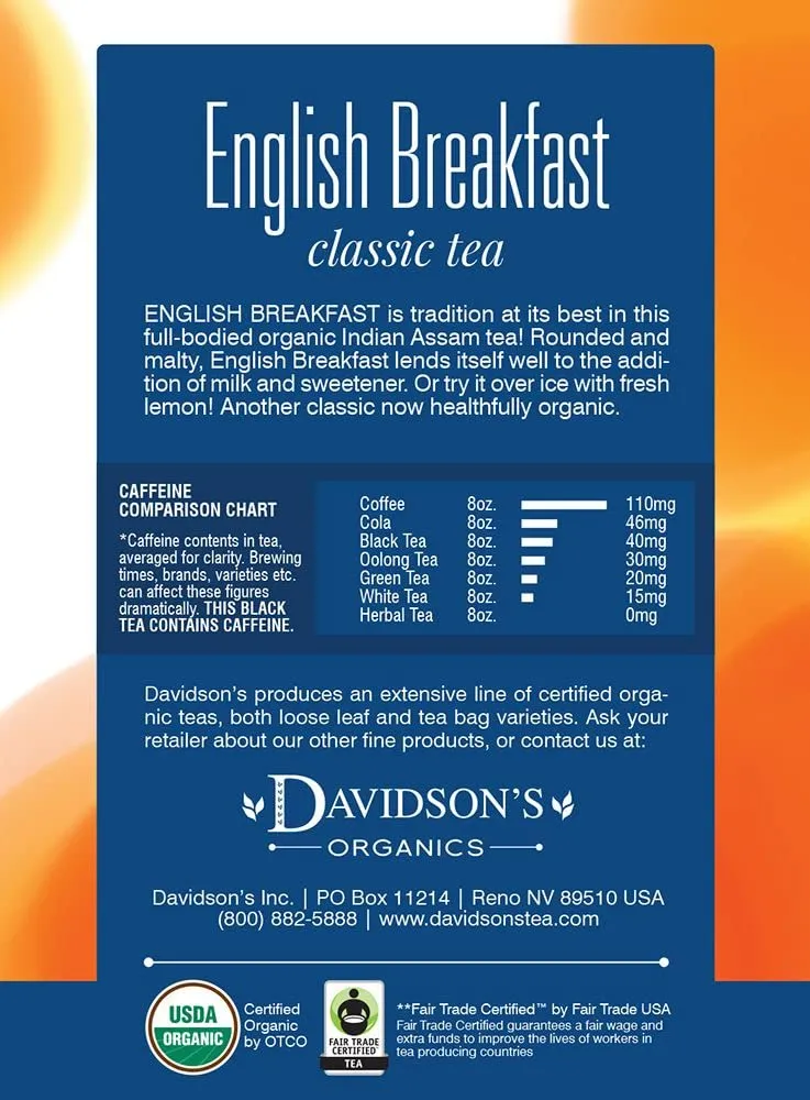 Davidson's Organics, English Breakfast, 8-count Tea Bags, Pack of 12