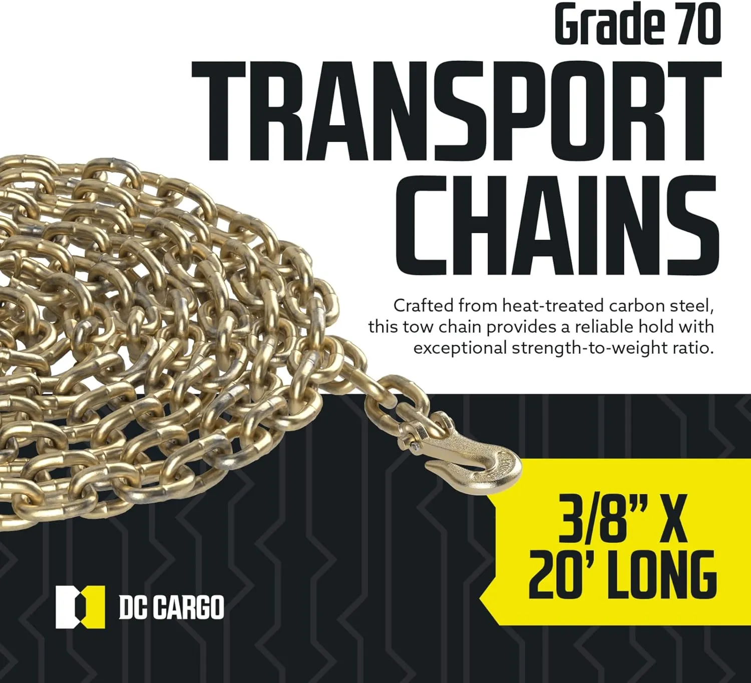 DC Cargo Tie Down Transport Chains - Heavy Duty Tow Chain with 3/8" Grade 70 Chain, Log Chain Hooks, G70 Load Binder Chain is 20 ft Long, 6,600 lbs WLL (Pack of 2)