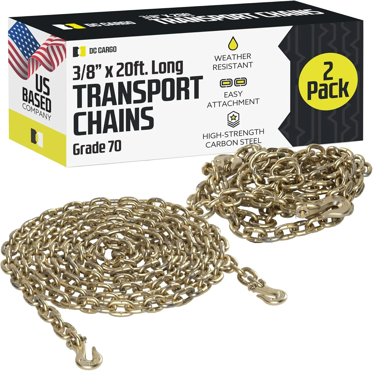 DC Cargo Tie Down Transport Chains - Heavy Duty Tow Chain with 3/8" Grade 70 Chain, Log Chain Hooks, G70 Load Binder Chain is 20 ft Long, 6,600 lbs WLL (Pack of 2)