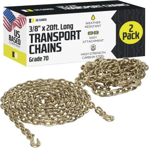 DC Cargo Tie Down Transport Chains - Heavy Duty Tow Chain with 3/8" Grade 70 Chain, Log Chain Hooks, G70 Load Binder Chain is 20 ft Long, 6,600 lbs WLL (Pack of 2)