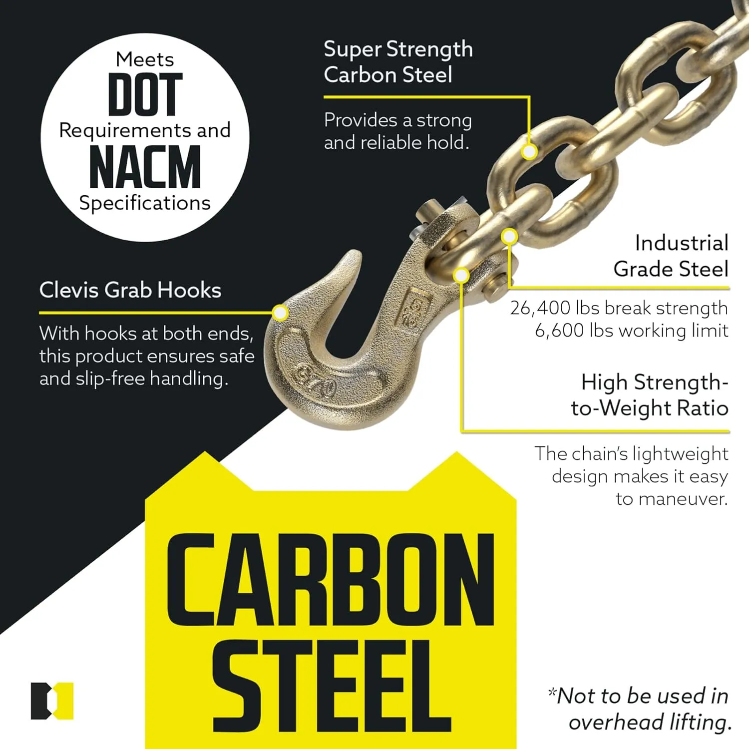 DC Cargo Tie Down Transport Chains - Heavy Duty Tow Chain with 3/8" Grade 70 Chain, Log Chain Hooks, G70 Load Binder Chain is 20 ft Long, 6,600 lbs WLL (Pack of 2)