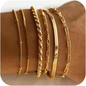 DEARMAY Gold Bracelets for Women 14K Real Gold Plated Jewelry Sets Stack Trendy Dainty Stackable Paperclip Rope Snake Box Figaro Chain Bracelets Pack Costume Fashion Filled Gifts
