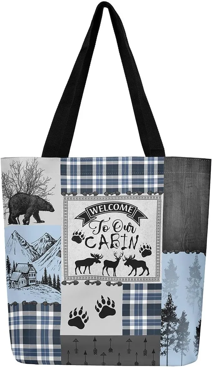 Deer Bear Canvas Tote Bag, Rustic Farmhouse Tote Bag Cabin Wildlife Shopping Grocery Bags
