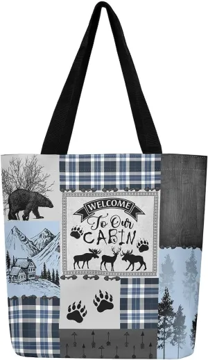 Deer Bear Canvas Tote Bag, Rustic Farmhouse Tote Bag Cabin Wildlife Shopping Grocery Bags