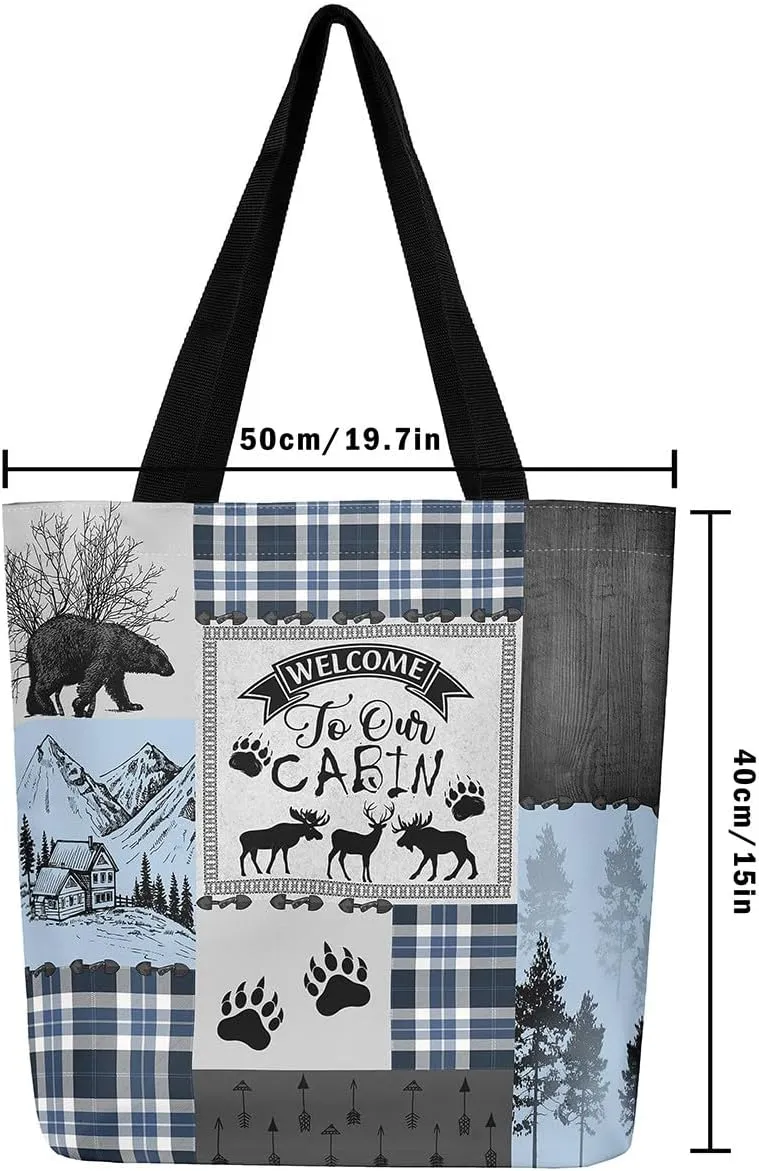 Deer Bear Canvas Tote Bag, Rustic Farmhouse Tote Bag Cabin Wildlife Shopping Grocery Bags