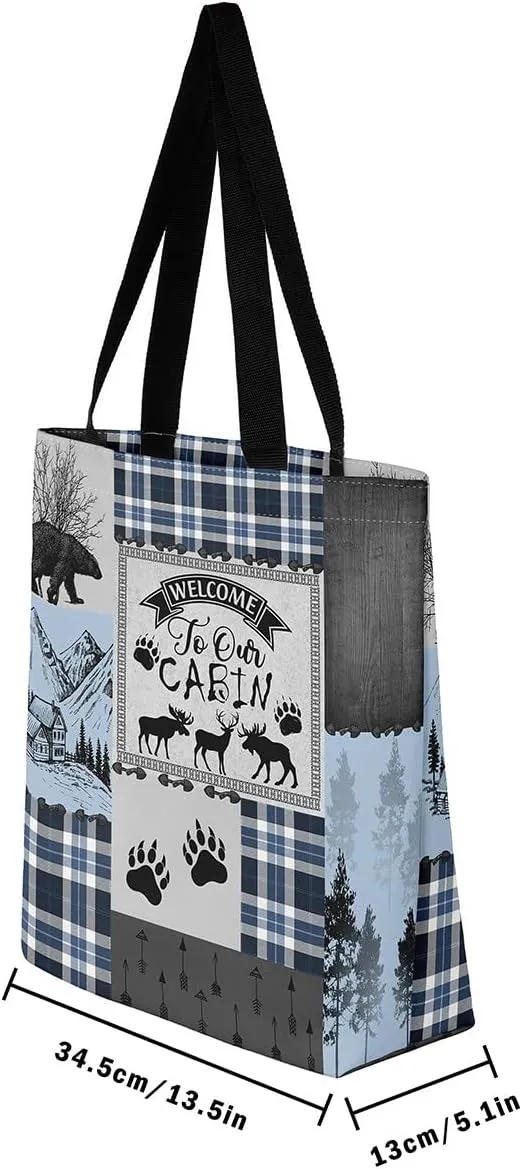 Deer Bear Canvas Tote Bag, Rustic Farmhouse Tote Bag Cabin Wildlife Shopping Grocery Bags