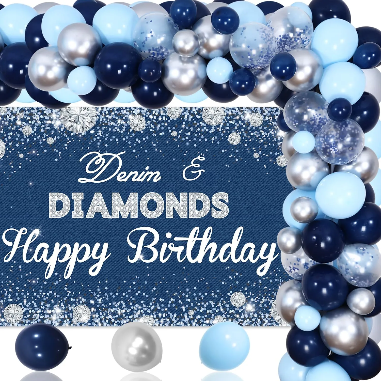Denim and Diamonds Party Decorations - Denim Diamonds Happy Birthday Backdrop Navy Blue and Silver Balloon Arch Kit Denim Party Decorations for Women Birthday Jewels Party Supplies