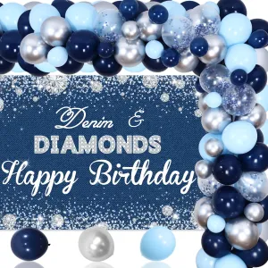 Denim and Diamonds Party Decorations - Denim Diamonds Happy Birthday Backdrop Navy Blue and Silver Balloon Arch Kit Denim Party Decorations for Women Birthday Jewels Party Supplies
