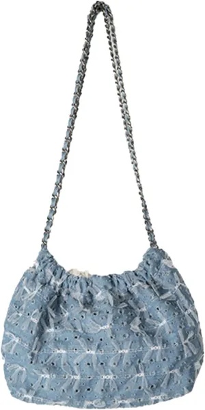 Denim Bow Purse Jean Lace Cute Y2K Handbag for Women Kawaii Casual Roomy Retro Chic Denim Bag