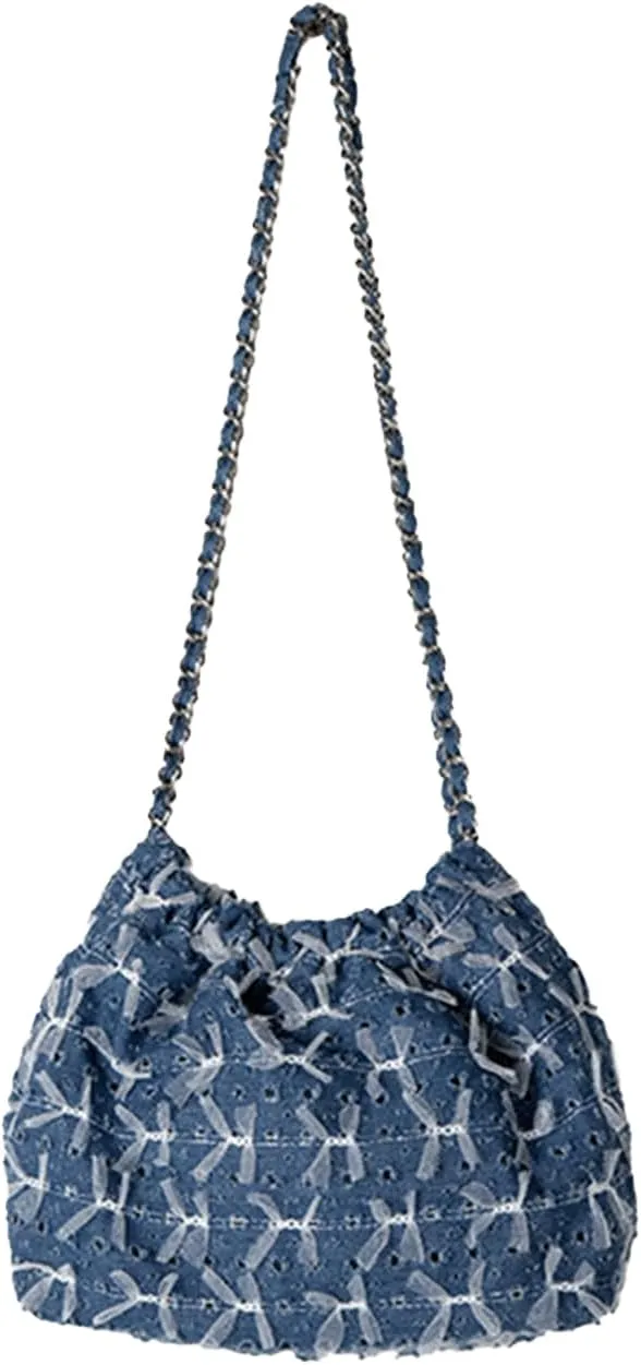 Denim Bow Purse Jean Lace Cute Y2K Handbag for Women Kawaii Casual Roomy Retro Chic Denim Bag