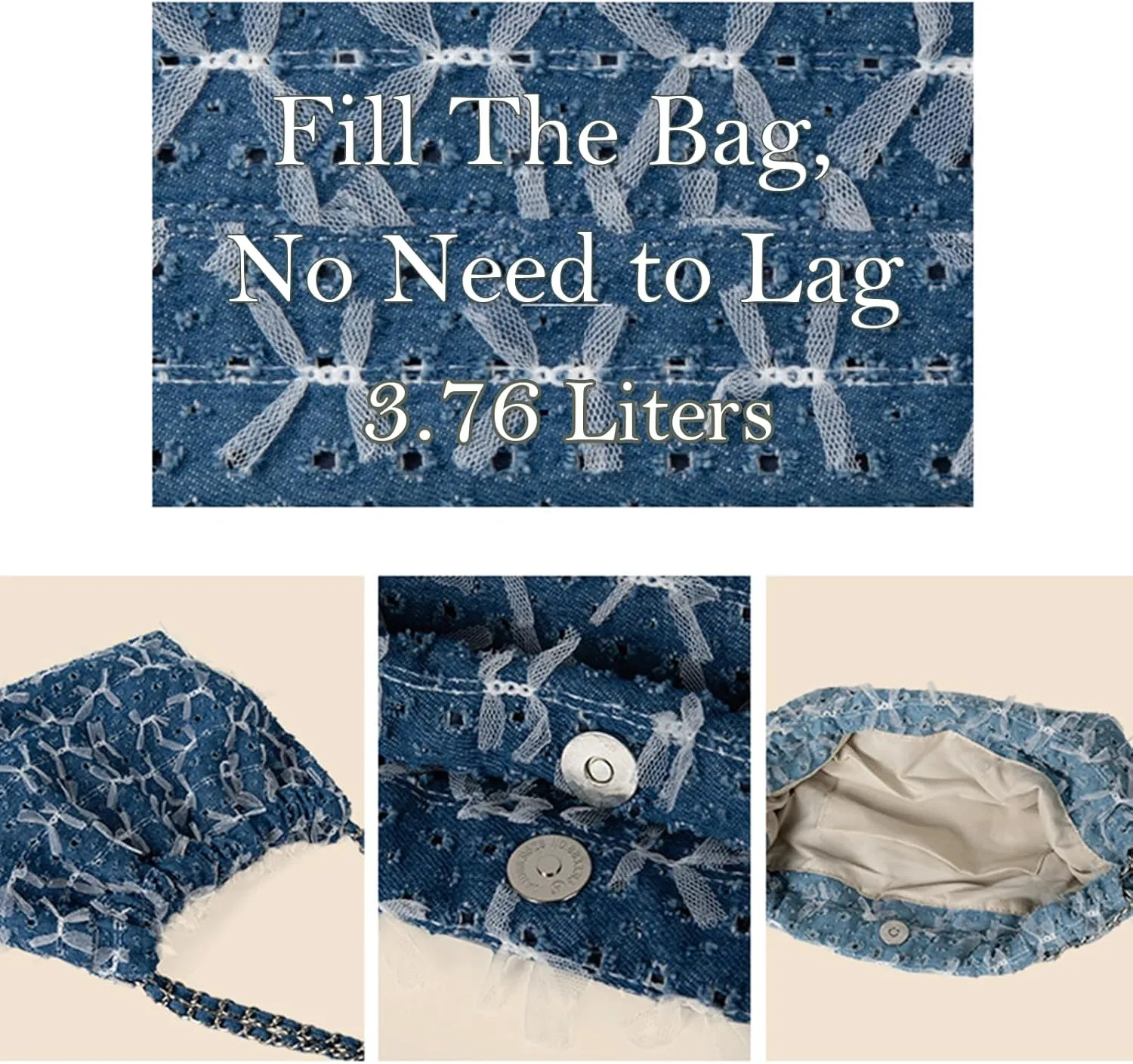 Denim Bow Purse Jean Lace Cute Y2K Handbag for Women Kawaii Casual Roomy Retro Chic Denim Bag
