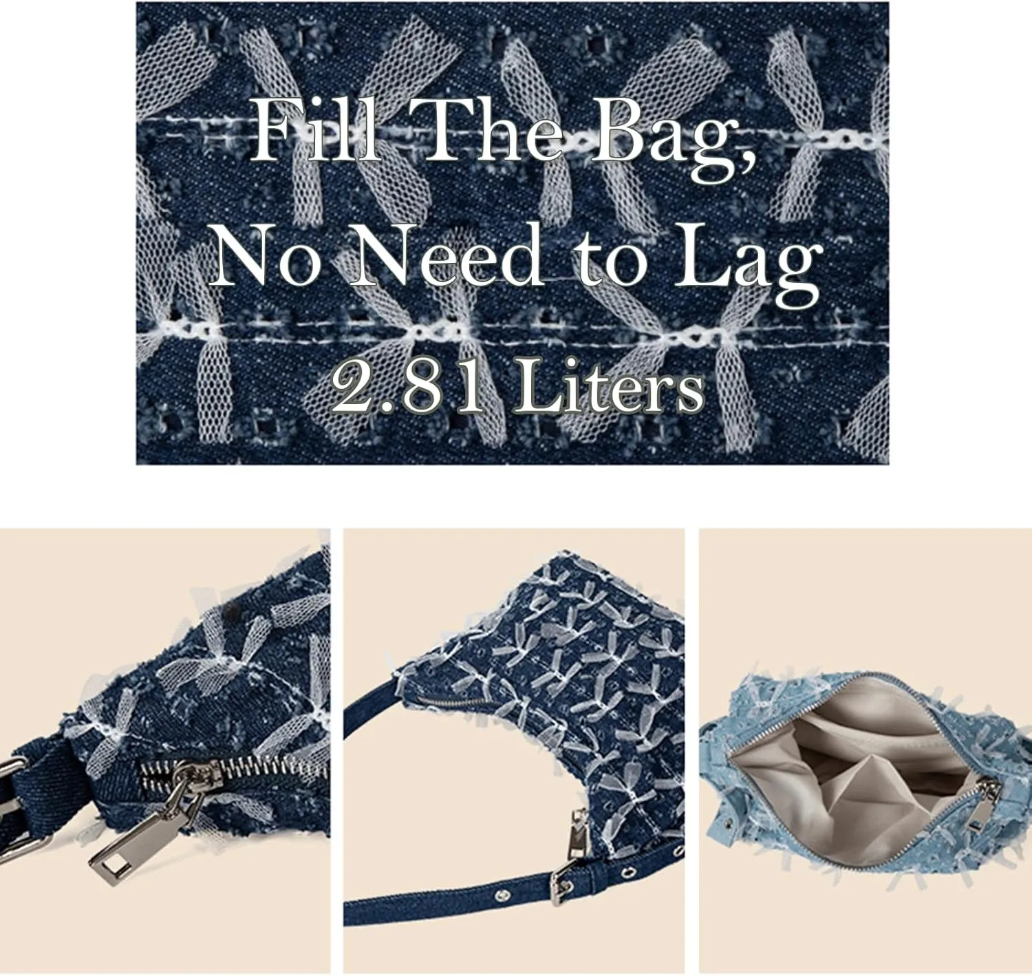 Denim Bow Purse Jean Lace Cute Y2K Handbag for Women Kawaii Casual Roomy Retro Chic Denim Bag