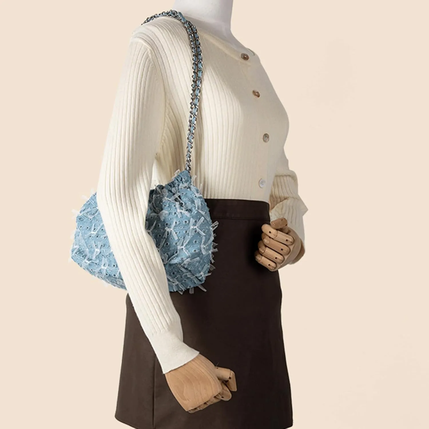 Denim Bow Purse Jean Lace Cute Y2K Handbag for Women Kawaii Casual Roomy Retro Chic Denim Bag