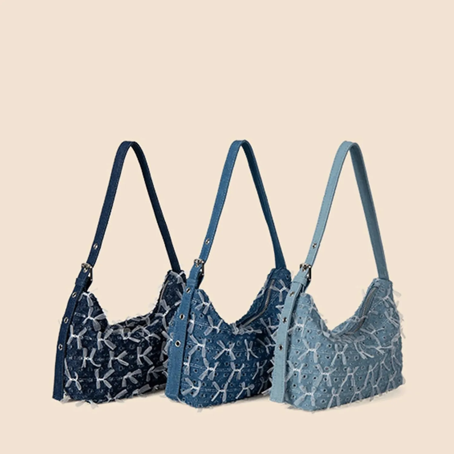 Denim Bow Purse Jean Lace Cute Y2K Handbag for Women Kawaii Casual Roomy Retro Chic Denim Bag