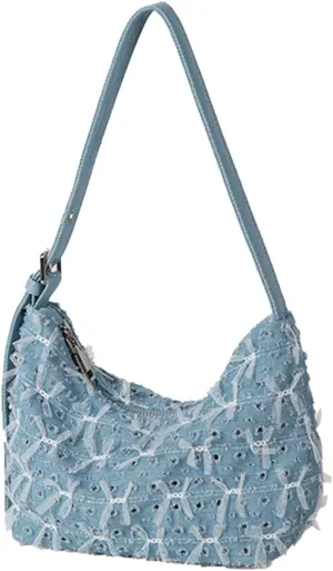 Denim Bow Purse Jean Lace Cute Y2K Handbag for Women Kawaii Casual Roomy Retro Chic Denim Bag