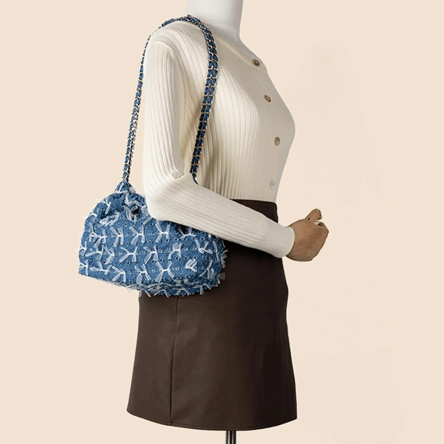 Denim Bow Purse Jean Lace Cute Y2K Handbag for Women Kawaii Casual Roomy Retro Chic Denim Bag
