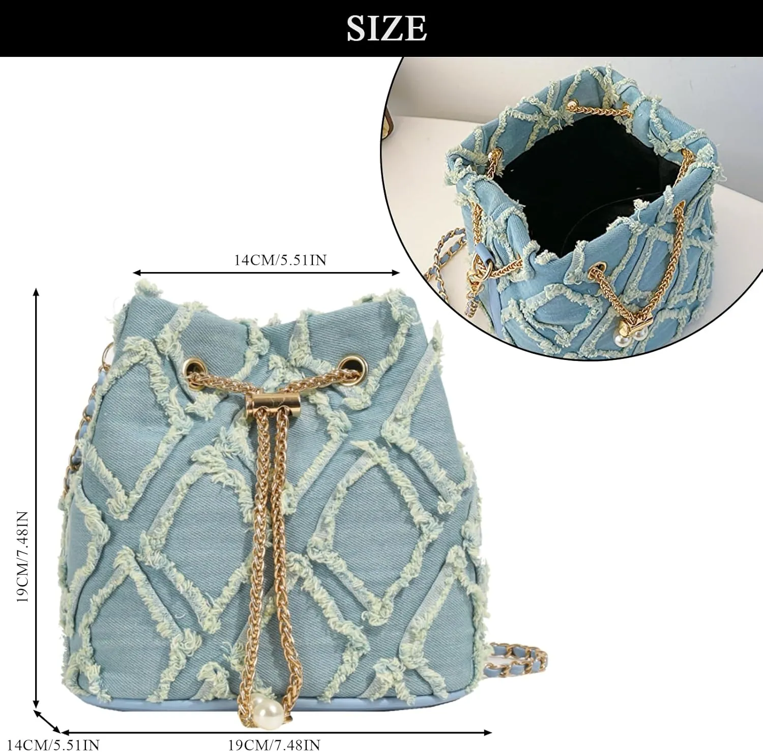 Denim Bucket Bag, Jean Purses for Women Denim Crossbody Bags Hobo Bag Drawstring Handbag