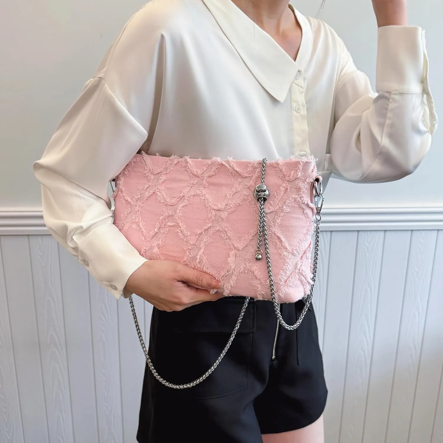 Denim Crossbody Bags for Women Trendy Quilted Denim Bag Jean Purses and Handbags with Chain Strap