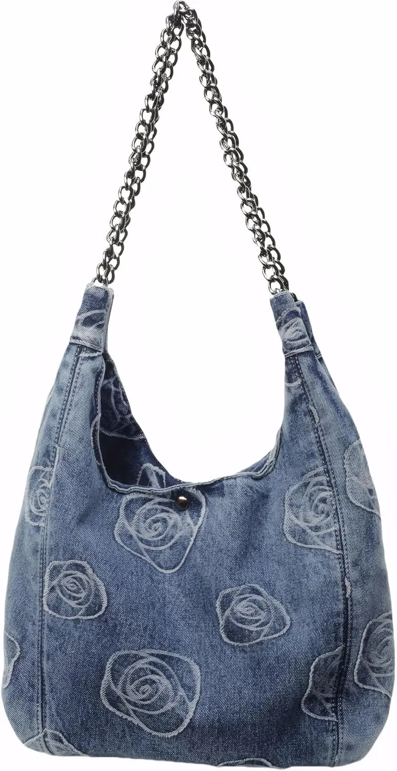Denim Hobo Tote Bag for Women，Jean Casual Shoulder Purse with Floral Pattern、Chain Strap, Blue