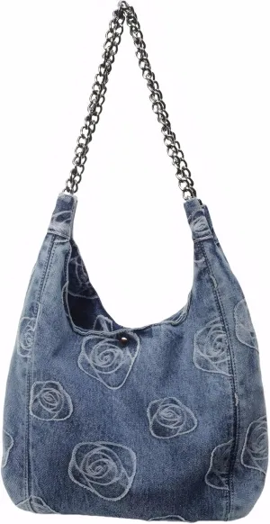 Denim Hobo Tote Bag for Women，Jean Casual Shoulder Purse with Floral Pattern、Chain Strap, Blue