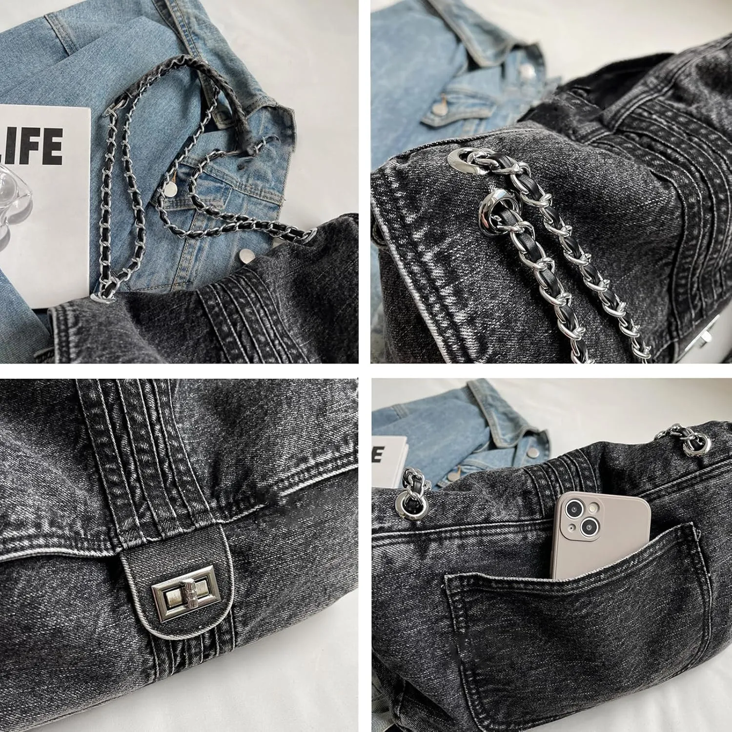 Denim Purse for Women Jean Purses Tote Bag for Womens Handbags Work Bags Jean Shoulder Bag Trendy Crossbody Bags