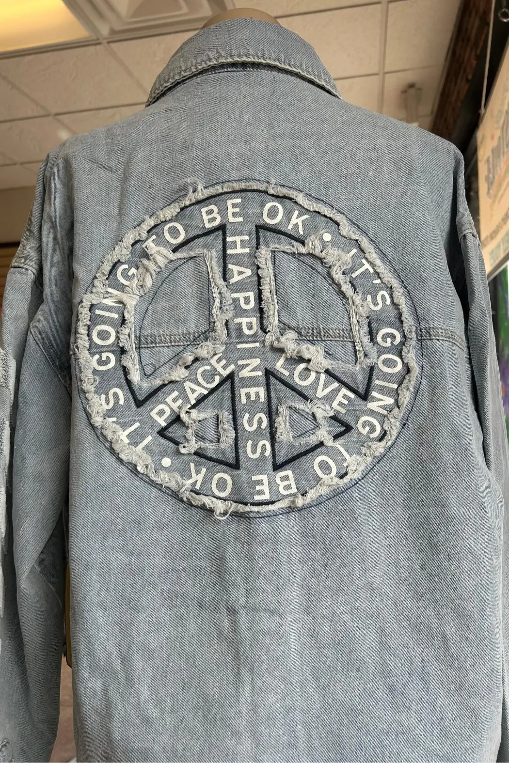 Denim Shacket with Peace Sign Appliqué