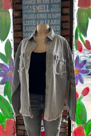 Denim Shacket with Peace Sign Appliqué