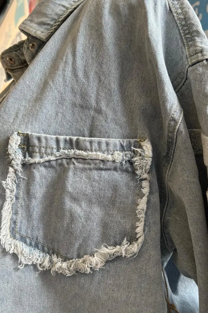 Denim Shacket with Peace Sign Appliqué