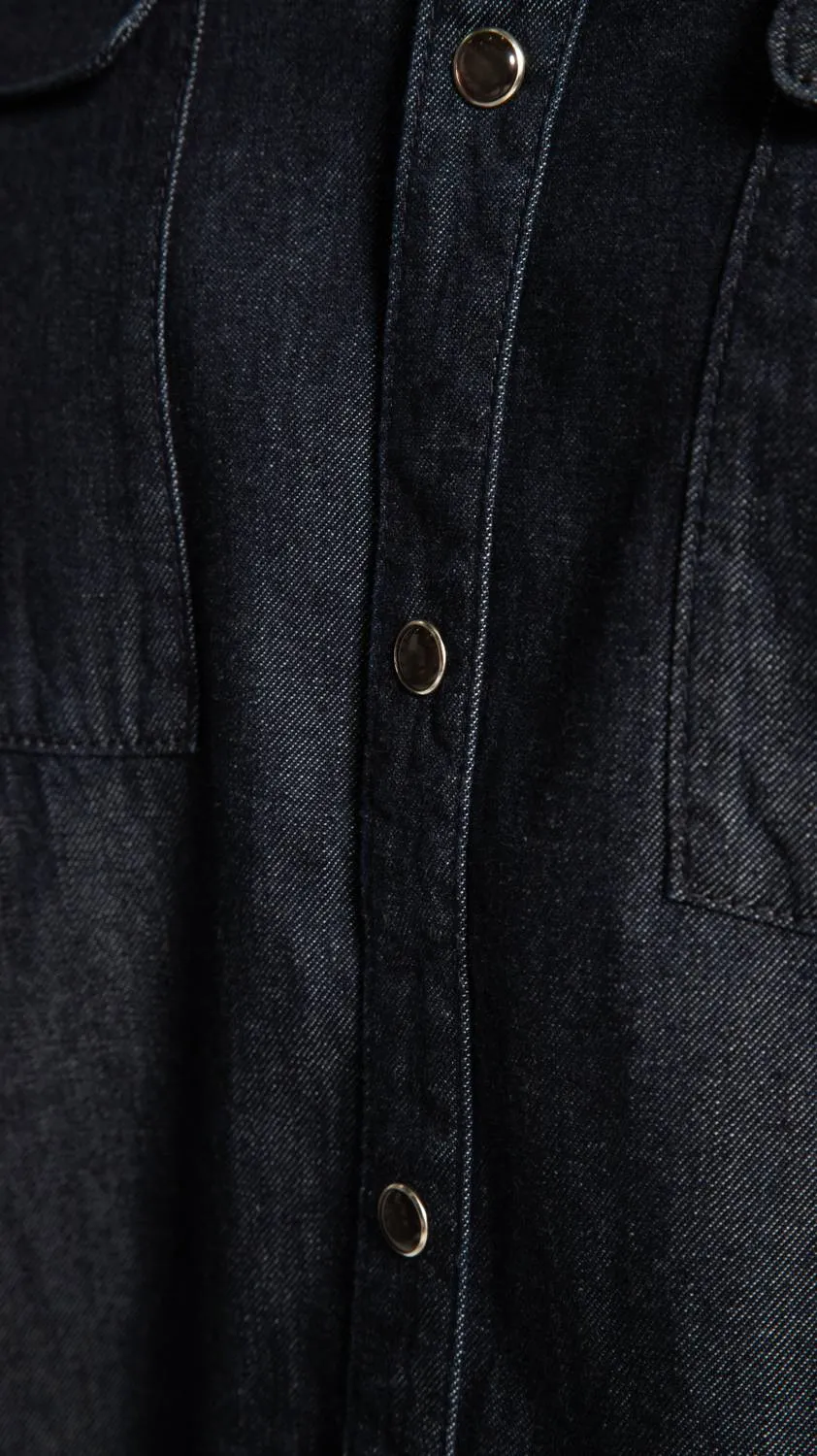 Denim Short Sleeve Buttoned Shirt In Dark Indigo