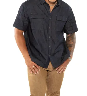 Denim Short Sleeve Buttoned Shirt In Dark Indigo