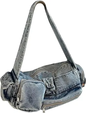 Denim Tote Bags, Women Multi-Pockets Shoulder Bag Purse, Womens Casual Handbag, Blue Jean Crossbody Bag
