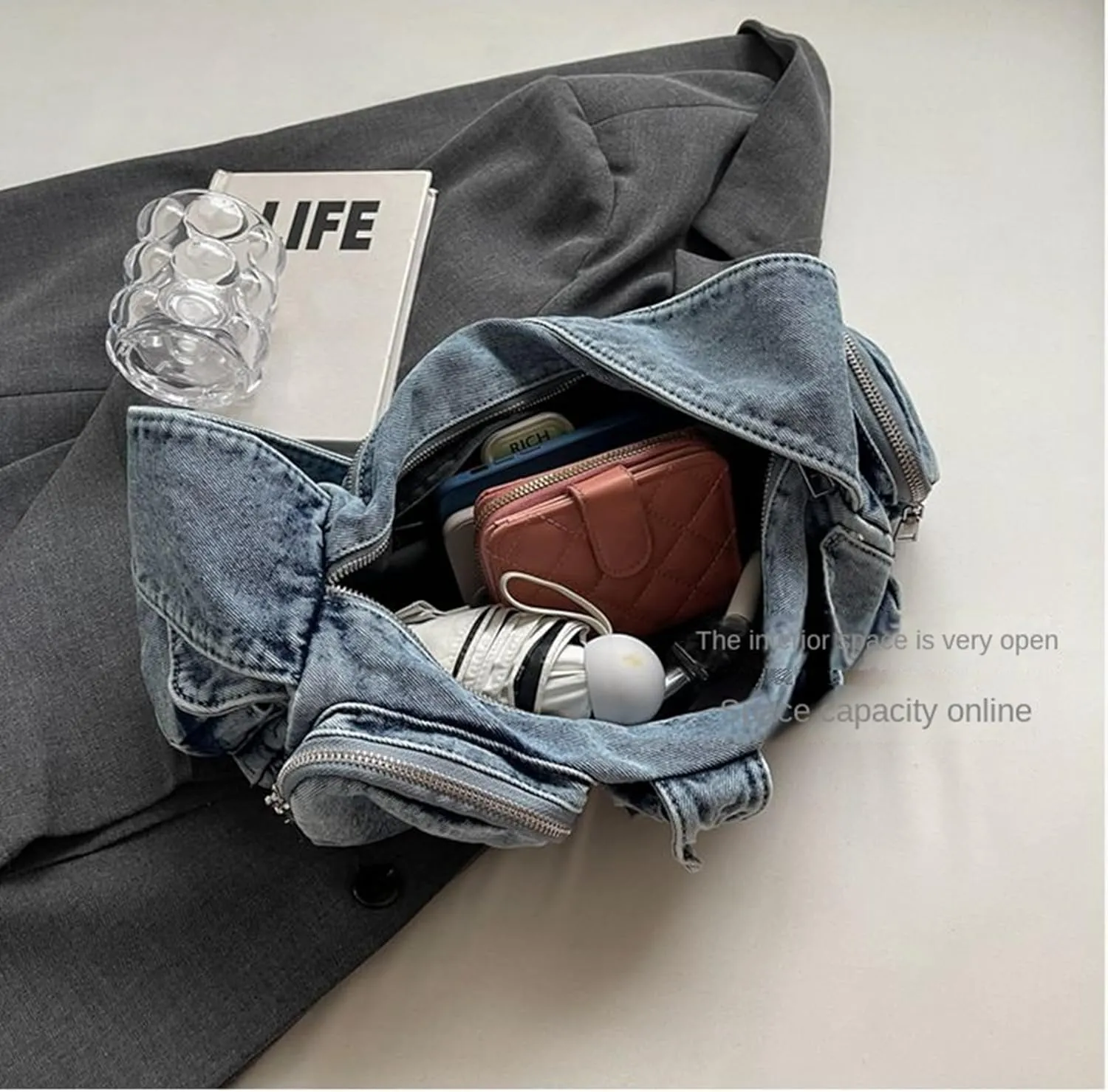 Denim Tote Bags, Women Multi-Pockets Shoulder Bag Purse, Womens Casual Handbag, Blue Jean Crossbody Bag
