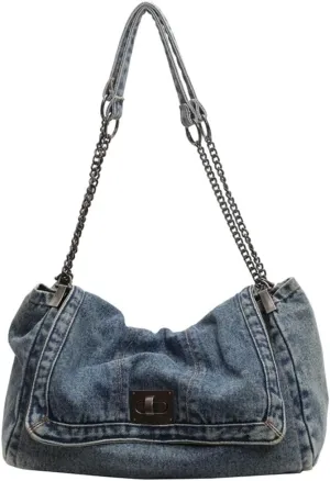 Denim Tote Purses for Women Fashion Shoulder Handbag with Chain Strap Y2k Washed Jean Bag
