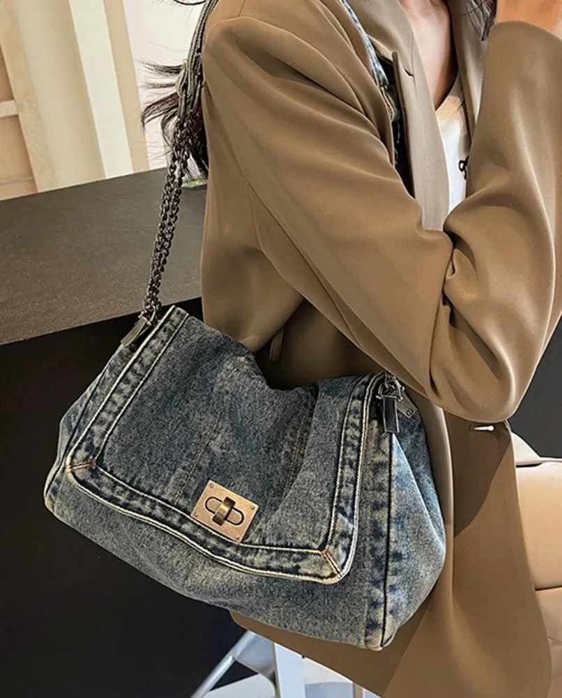 Denim Tote Purses for Women Fashion Shoulder Handbag with Chain Strap Y2k Washed Jean Bag