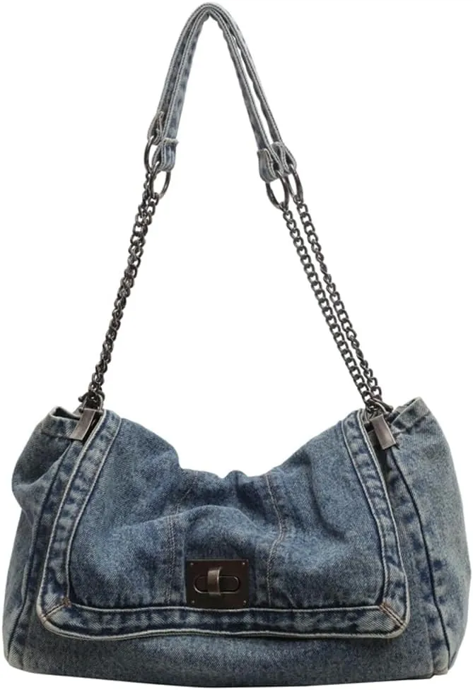 Denim Tote Purses for Women Fashion Shoulder Handbag with Chain Strap Y2k Washed Jean Bag