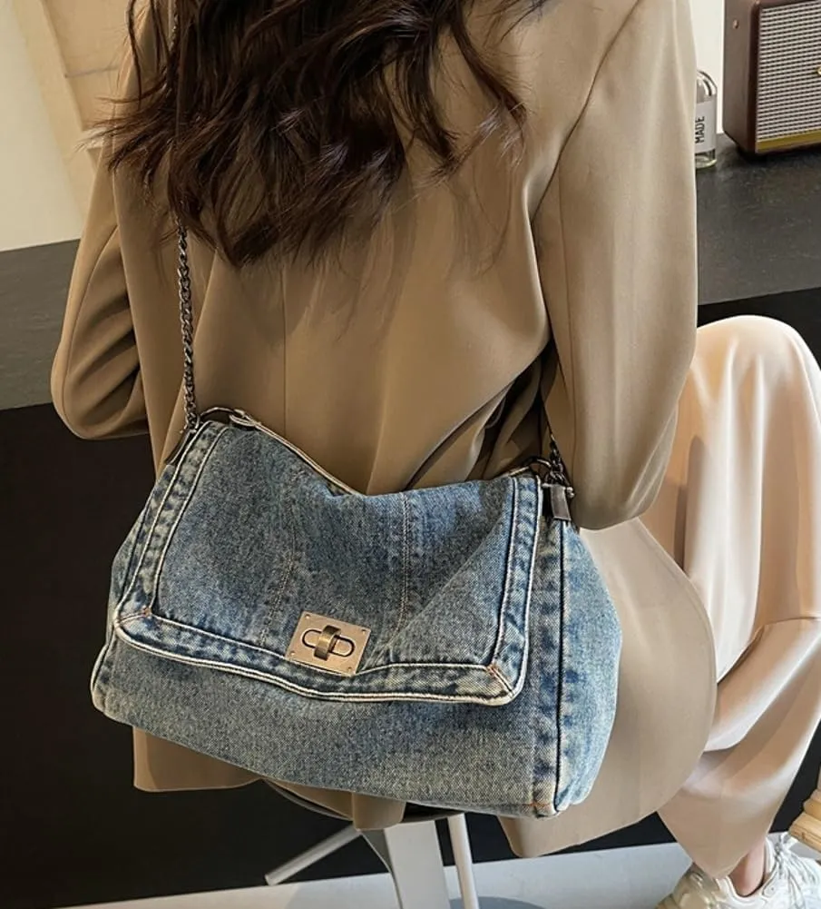 Denim Tote Purses for Women Fashion Shoulder Handbag with Chain Strap Y2k Washed Jean Bag