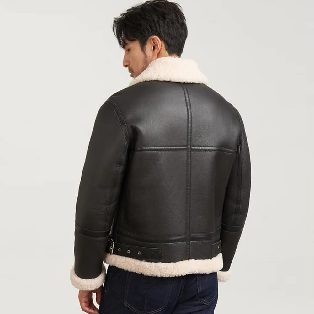Denny&Dora Mens Shearling Jacket Mens Shearling Aviator Jacket Thick Warm Winter Black Shearling Jacket