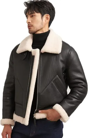 Denny&Dora Mens Shearling Jacket Mens Shearling Aviator Jacket Thick Warm Winter Black Shearling Jacket